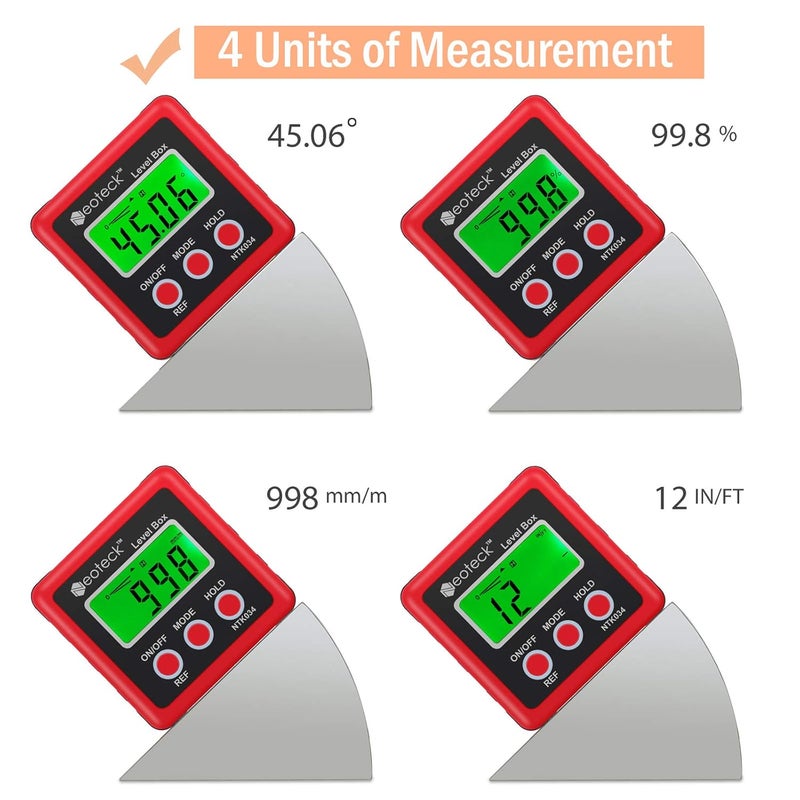 Neoteck Digital Angle Finder, Backlight LCD Digital Angle Gauge Protractor Inclinometer Bevel Box, Magnetic Base, Data Hold, IP54 Dust and Water Resistant- Red - Image 2